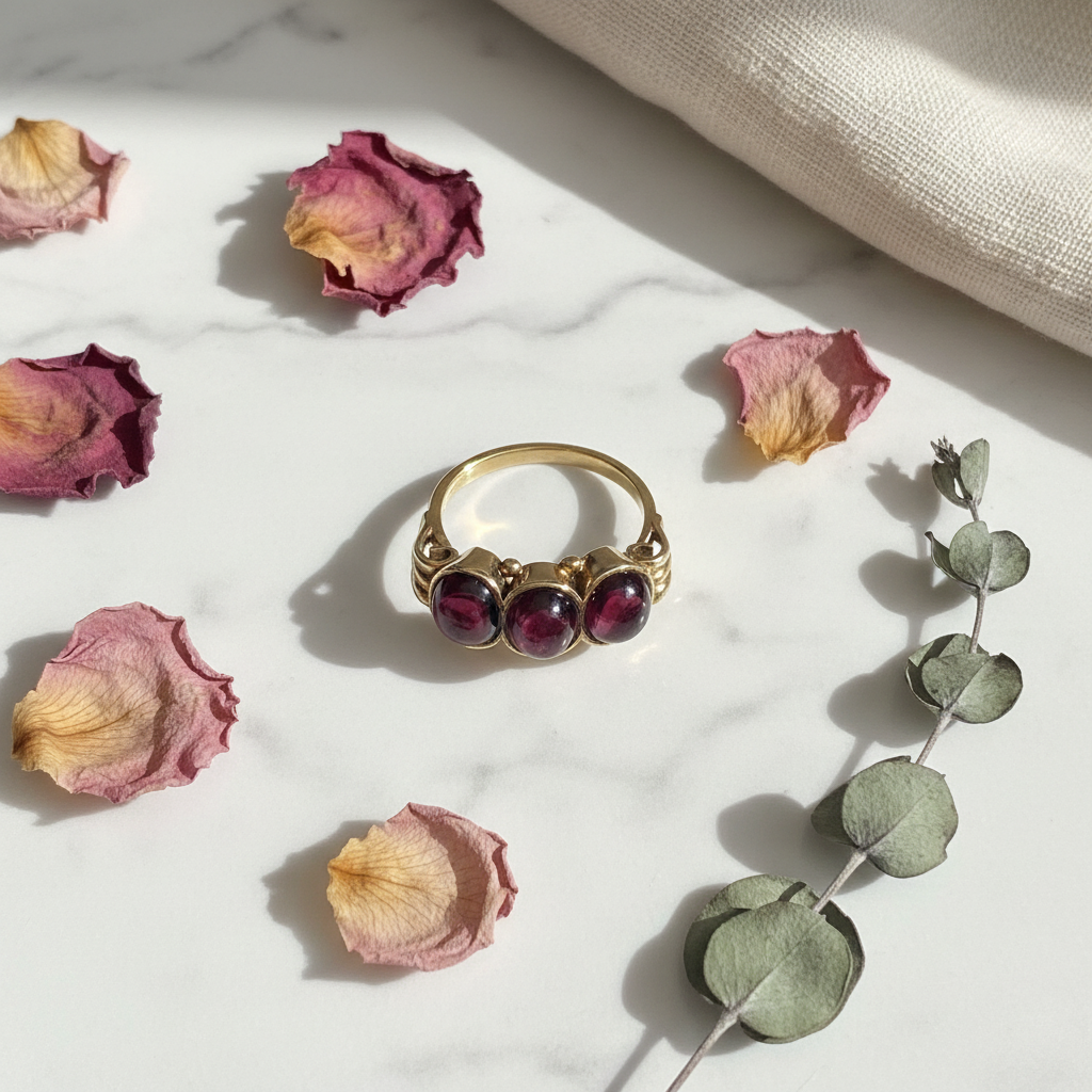 1880s antique gold garnet engagement ring with three cabochon stones, styled on marble with dried rose petals and eucalyptus