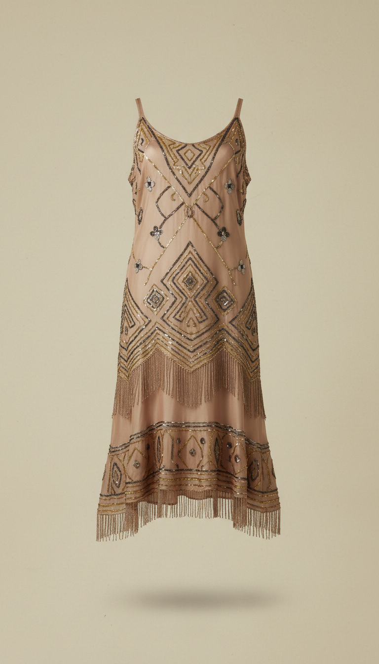1920s Silk Flapper Dress Beaded Fringe