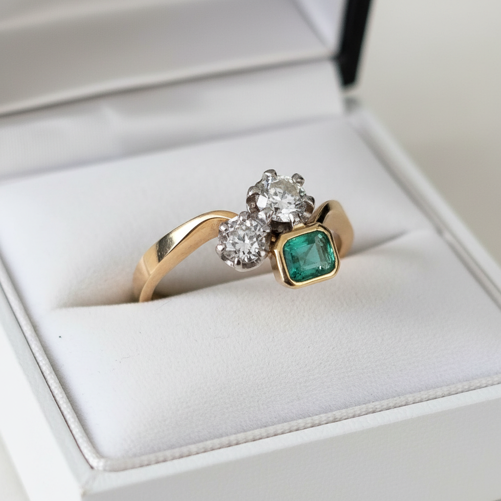 Antique 18ct gold toi et moi ring with emerald and diamonds in white jewellery box